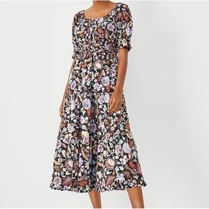Ann Taylor Batik Autumn Leaves Print MIDI Flare Dress